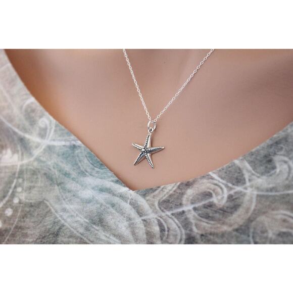 Sterling Silver Starfish Necklace, Silver Starfish Charm Necklace - Picture 1 of 3